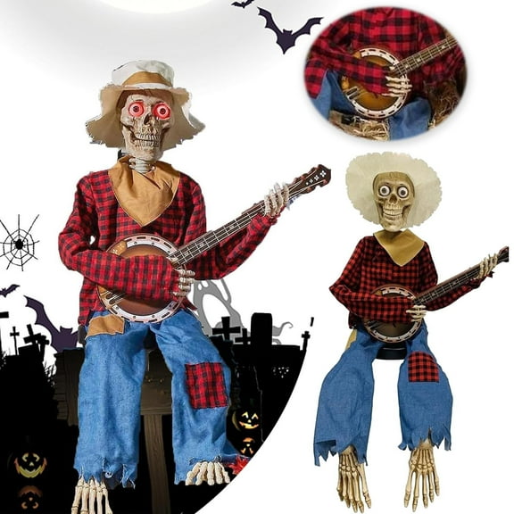 16" Halloween Fall Banjo Playing Skeletons - Animated Scarecrow Thanksgiving Decorations Autumn Harvest Day Gifts Halloween Prop Decor for Indoor/Outdoor(A)