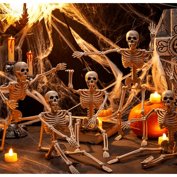 16” Halloween Skeleton Decor - Full Body Posable Skeletons with Stayable Movable Joints, Hanging Skeletons for Halloween Decoration, Graveyard Haunted House Accessories, Spooky Party Favors 5PCS