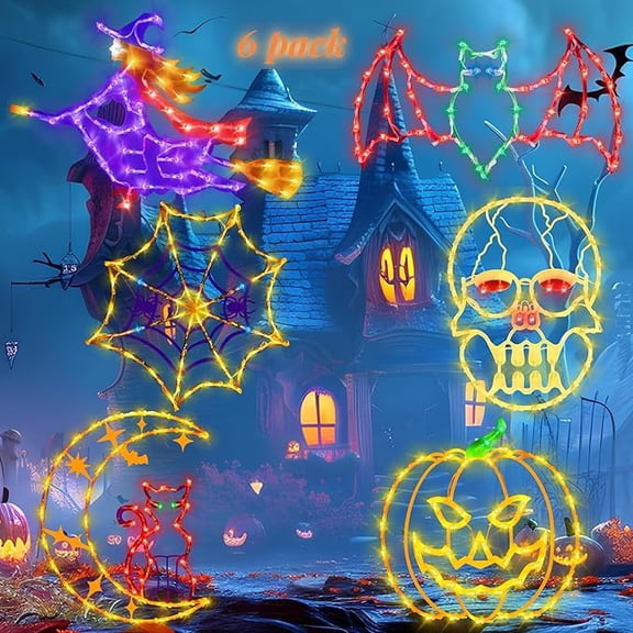 16" Halloween Window Silhouette Lights - 6 Pack Colour Lighted Cat on Moon & Spider Web & Pumpkin & Bats & Witch & Skull Head for Holiday Indoor and Outdoor Wall Door Window D rate