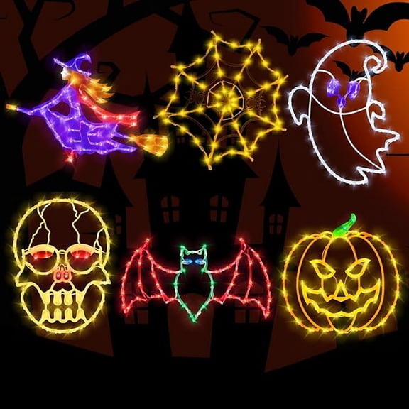 16" Halloween Window Silhouette Lights - 6 Pack Colour Lighted Skull Head & Bat & Witch & Pumpkin & Ghost & Spider Web for Holiday Indoor and Outdoor Wall Door Window D rate