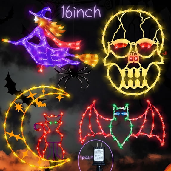 16" Halloween Window decorate Plug Light Witch Skull Head Cat Bat decor-4 Pack Window Lights with Suction Cups scarry light