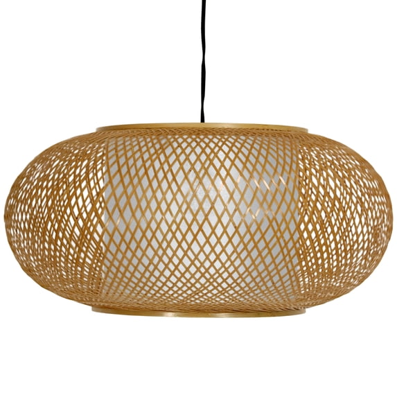 16" Handcrafted Split Bamboo Caning Cross Design Pendant Ceiling Light - Honey