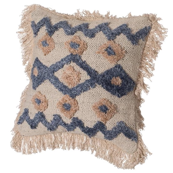 16' Handwoven Cotton & Silk Throw Pillow Cover with Embossed Zig Zag, Blue & Beige