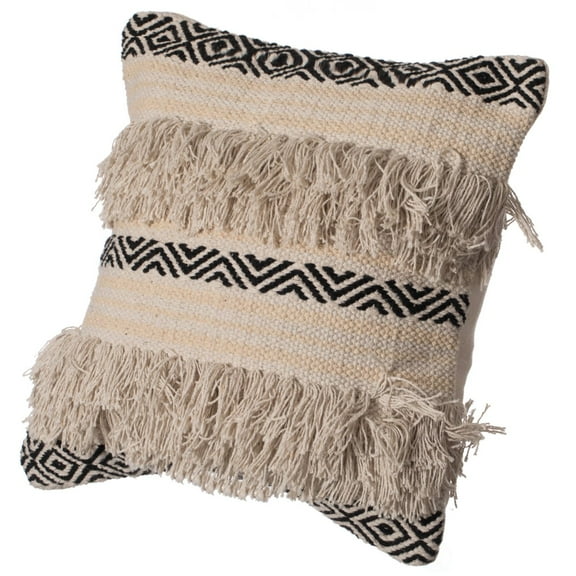 16" Handwoven Cotton Throw Pillow Cover with Boho Design and Fringed Lines