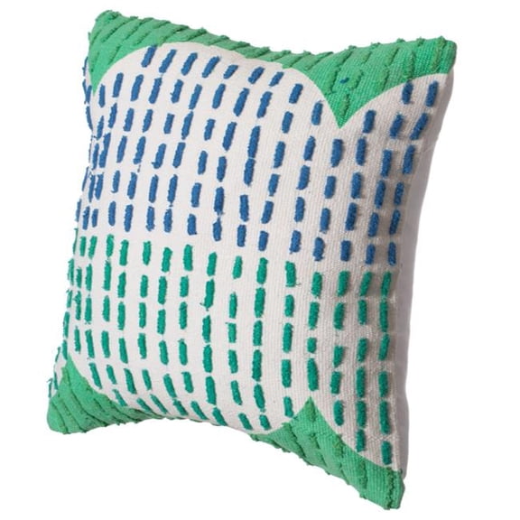 16' Handwoven Cotton Throw Pillow Cover with Ribbed Line Dots and Wave Border, Green