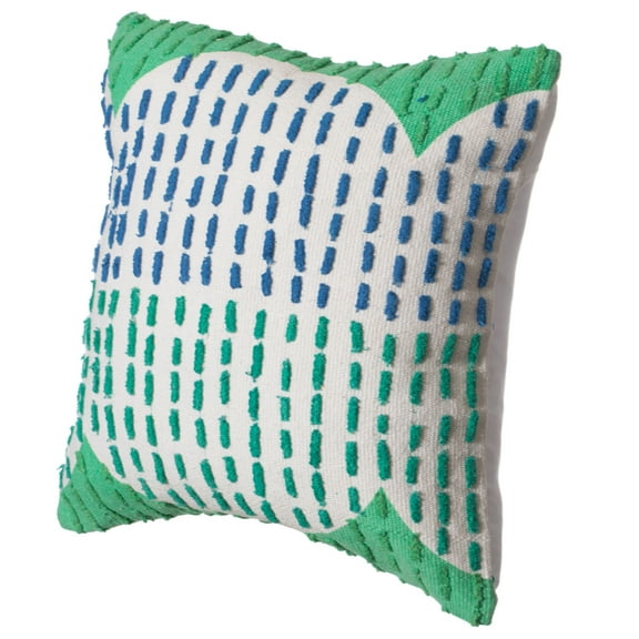 16" Handwoven Cotton Throw Pillow Cover with Ribbed Line Dots and Wave Border, Green