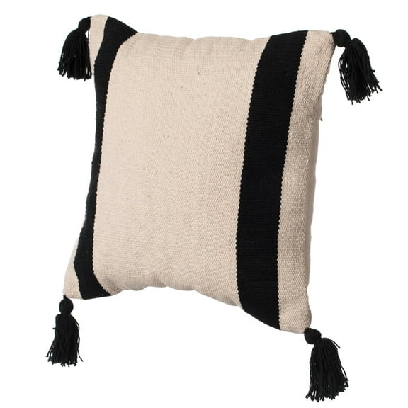 16" Handwoven Cotton Throw Pillow Cover with Side Stripes, Black