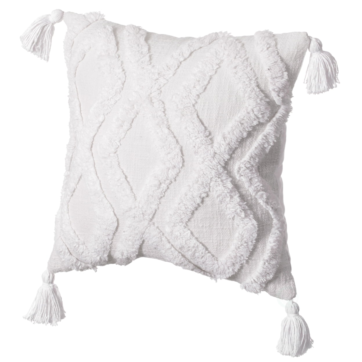 Bohemian 16" White Tufted Cotton Throw Pillow with Tassel Accents