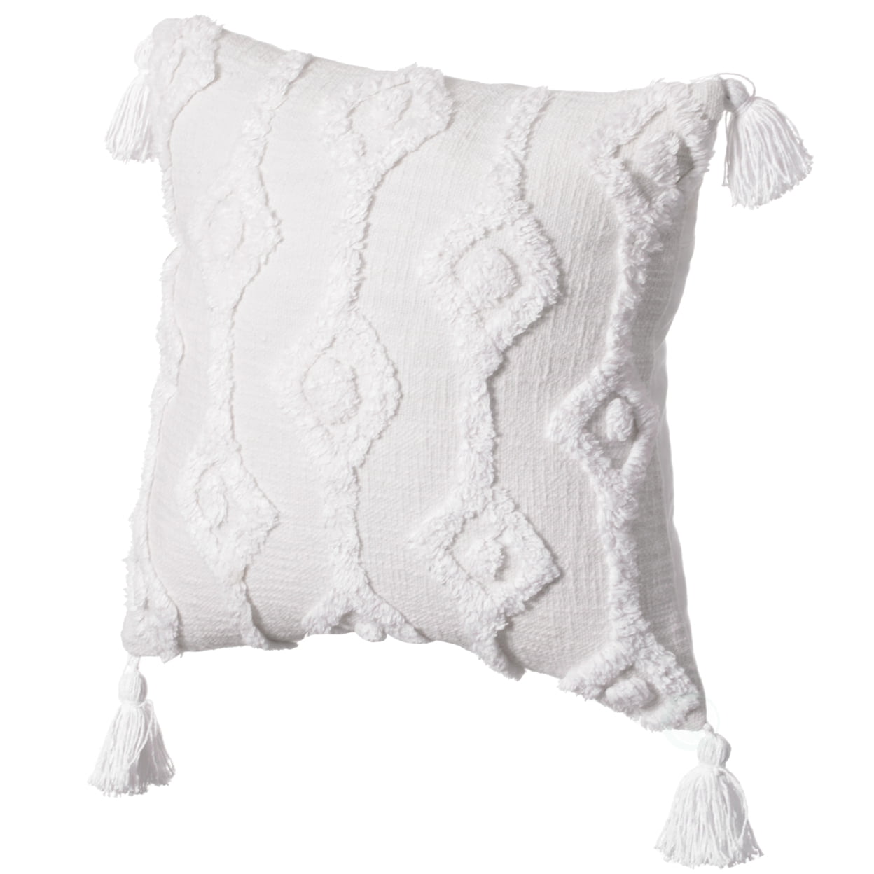 Handwoven Bohemian Tufted Cotton 17" Pillow Cover with Tassel Corners, White