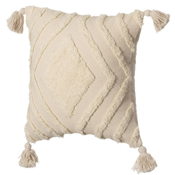16" Handwoven Cotton Throw Pillow Cover with White Tufted Stem Pattern and Black Tassel Corners with Filler, White