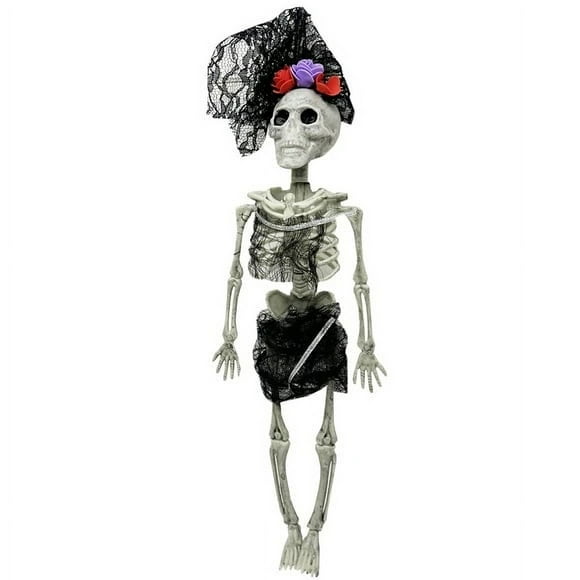 16" Hanging Female Plastic Skeleton in Black Hair Veil with Flowers