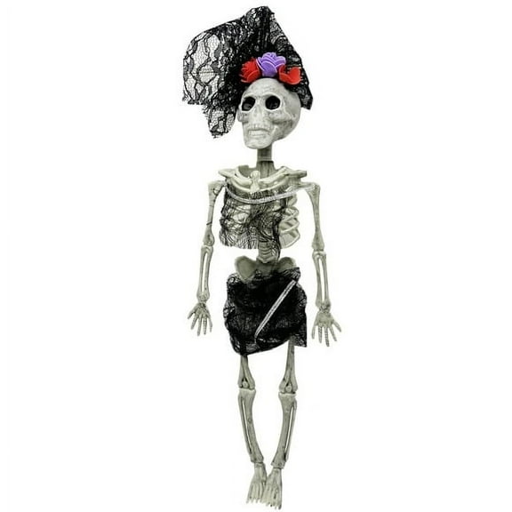 16" Hanging Female Plastic Skeleton in Black Hair Veil with Flowers