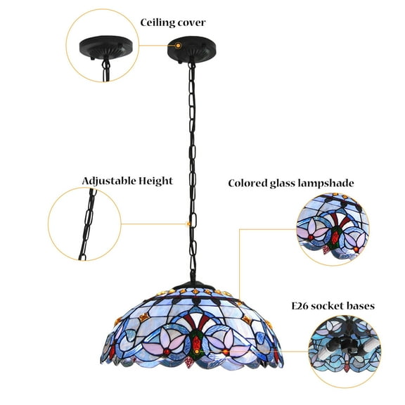 16" Hanging Pendant Lamp Stained Glass Ceiling Light 110V Maximum 60watts Pendant Light