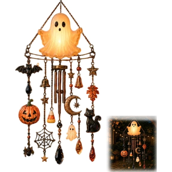 16" Haunted Glow Ghost Wind Chime, Glow in The Dark Ghost Halloween Wind Chime with Lighted Ghosts, Pumpkin Bat Cat Moon Decor Ghosts Wind Chimes for Front Porch Balcony Cottage Garden