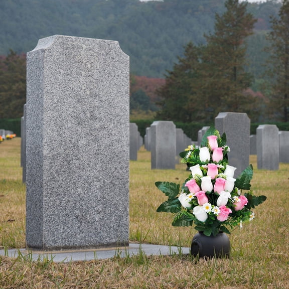 16-Head Artificial Cemetery Rose Bouquet, 21" Tall Memorial Flowers for Outdoor Gravesite, Durable Outdoor Vase with Anti-Tip Stabilizer, Lifelong Pink & White Roses for Graveside Decor, By Harlik