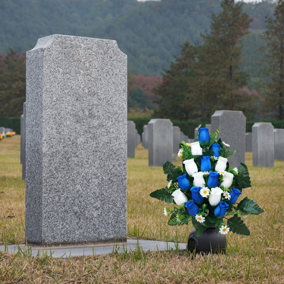 16-Head Artificial Cemetery Rose Bouquet, 21" Tall Memorial Flowers for Outdoor Gravesite, Upgraded 2026 Stabilizer Design, Fade-Resistant Faux Roses in Blue & White for All-Season Tribute, By Harlik