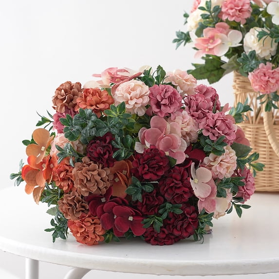 16 Heads Red Hydrangea Bouquet, Plastic Flower for Home Festival Decor Red