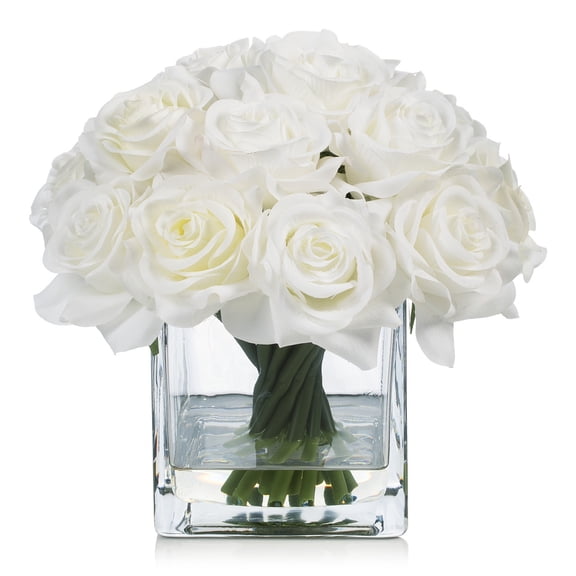 16 Heads Silk Rose Flowers in Glass Vase with Faux Water