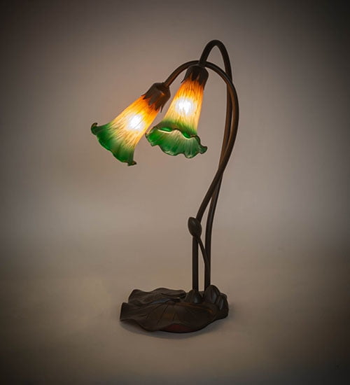 Amber and Green Glass 2-Light Bronze Lily Accent Lamp