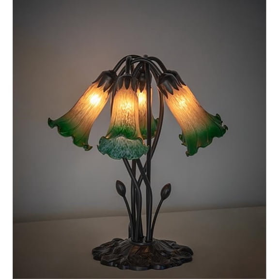 16" High Amber/Green Tiffany Pond Lily 5 Light Table Lamp