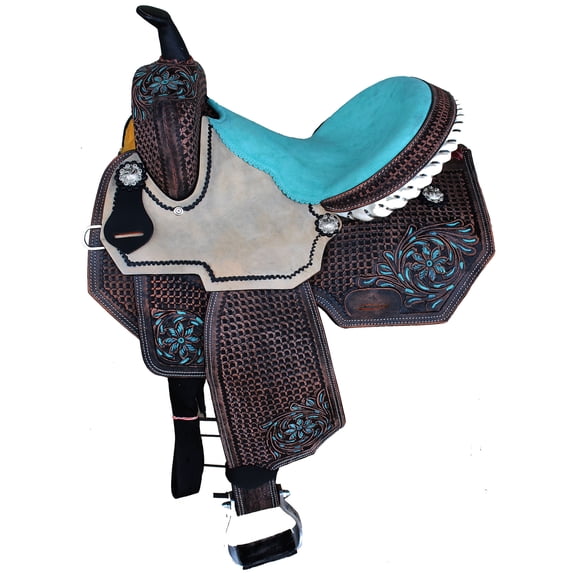 16" Horse Western Barrel Show Pleasure LEATHER SADDLE  Turquoise 5090