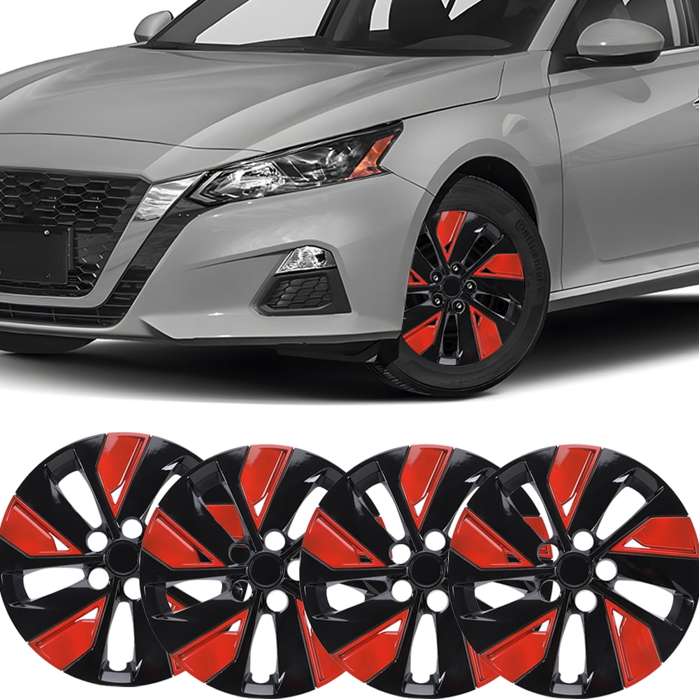 16" Hubcaps for 2019-2025 Nissan Altima,Snap on Design Set of 4 Wheel Rim Covers Compatible with Steel Wheels,ABS+PC Hubcaps,Black Lacquer & Red Lacquer