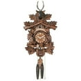 thumbnail image 1 of One Day Hunter's Cuckoo Clock with Hand-carved Oak Leaves, Animals, Crossed Rifles, and Buck, 1 of 7