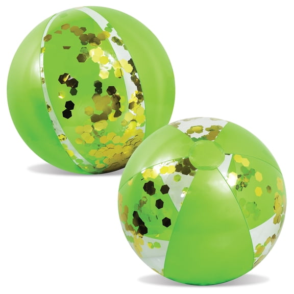 POZA Set of 2 Green Gold Inflatable Beach Balls - Confetti-Filled Beach Balls For Pool, PVC Vinyl Inflatable Pool Toys for Fun Summer Party and Water Games - 16 Inches