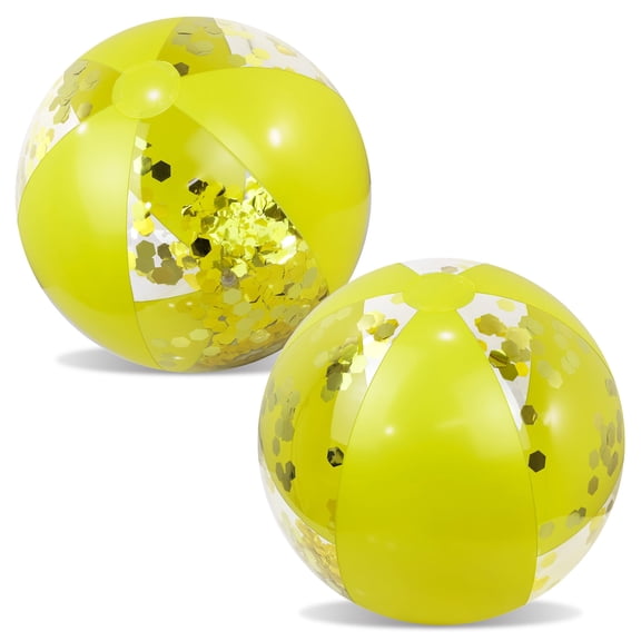 POZA Set of 2 Yellow Gold Inflatable Beach Balls - Confetti-Filled Beach Balls For Pool, PVC Vinyl Inflatable Pool Toys for Fun Summer Party and Water Games - 16 Inches