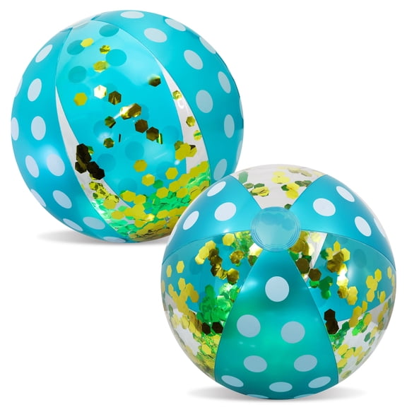 POZA Set of 2 Blue Gold Polka Inflatable Beach Balls - Retro Design Beach Balls For Pool with Sparkly Gold Confetti, PVC Vinyl Inflatable Pool Toys for Fun Summer Party and Water Games - 16 Inches