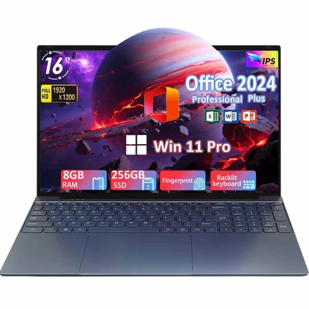 16" IPS FHD Windows 11 Pro Laptop Office 2024 Business Laptop Computer 8GB RAM 256GB SSD Intel Alder Lake N95 4 Core, FingerPrint, Backlit Keyboard, Ultra Thin Ultra Thin and Light