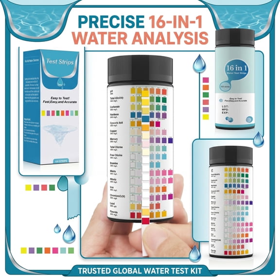16-In-1 Water Test Strips, Pool Water Test Strips, Hot Tub Test Strips, Spa Test Strips for Hot Tub, 50 Count Per Bottle 6X2 Inch Size, Suitable for Pool Water, Bath Tub Water,