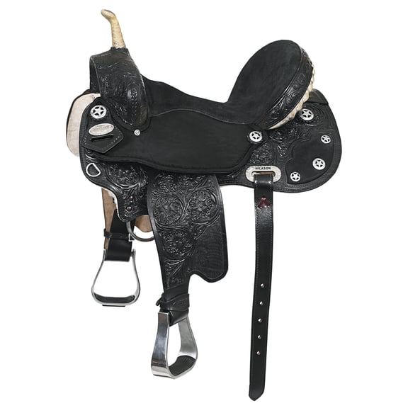 16 In Hilason Flex Tree Western Horse Saddle American Leather Trail Barrel Black With Floral Hand Carved