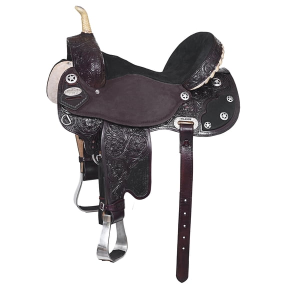 16 In Hilason Flex Tree Western Horse Saddle American Leather Trail Barrel Dark Brown With Floral Hand Carved