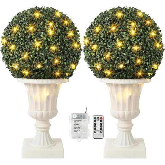 16 In Pre-Lit Faux Boxwood Topiary Trees 2-Pack UV Resistant Artificial Plants for Front Porch