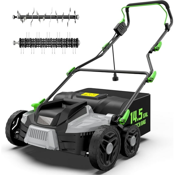 16-Inch 15.5 Amp 2-in-1 Electric Dethatcher and Scarifier with 14.5-Gallon Removable Thatch Collection Bag, Lawn Dethatcher with 5-Position Depth Adjustment, Quick-Fold, Keeps Lawn Healthy