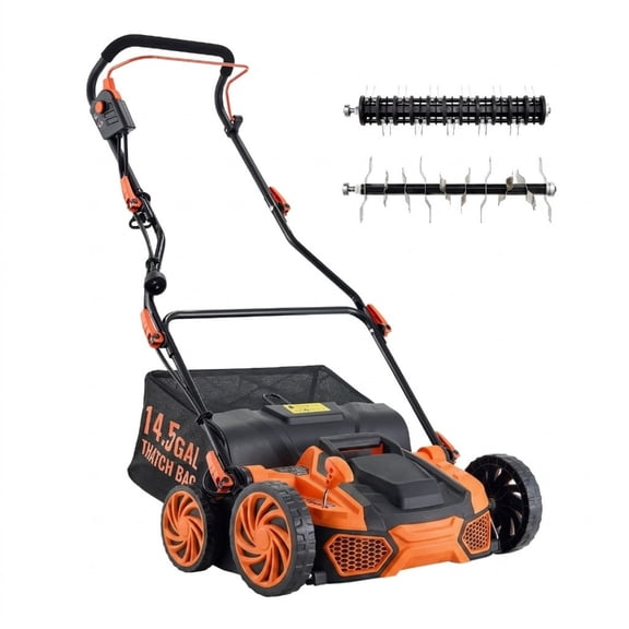 16-Inch 15 Amp Electric Dethatcher and Scarifier, 2-in-1 Corded Lawn Dethatcher with 14.5-Gallon Collection Bag & 5-Position Depth Adjustment