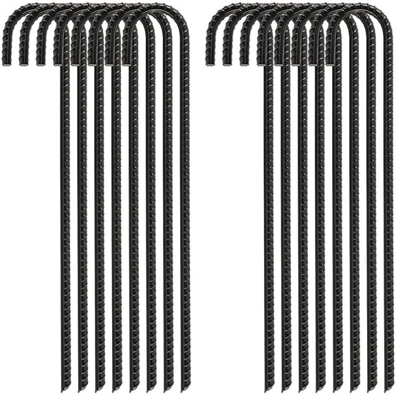 16 Inch 16 Pack Rebar Stakes Heavy Duty J Hook, Galvanized Steel Ground Stakes Tent Stakes Ground Anchors, Chain Link Fence Stakes, Trampoline Stakes, Black