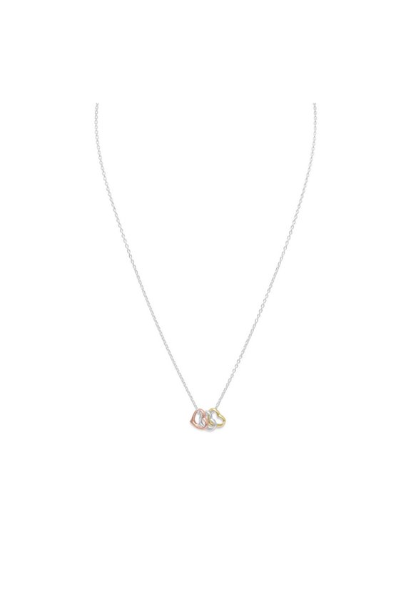 16 Inch +2 Inch Necklace Yellow Gold-Flashed Heart 14k Rose Gold-Flashed Heart Sterling Silver Heart