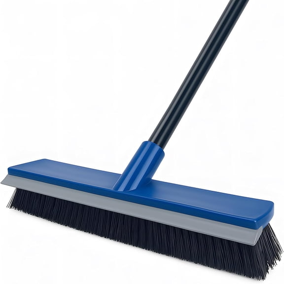 16 Inch 2-in-1 Squeegee Push Broom Outdoor Deck Brush 58" Long Handle for Patio Garage Warehouse Driveway Concrete Floor Cleaning Scrubbing(Blue)