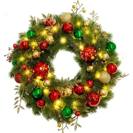 Aship Christmas Wreath with 40 LED Lights, 16 In Lighted Artificial Wreath with Red Green Gold Ball, 8 Modes Christmas Door Decor for Holiday Wall Windows Fireplace