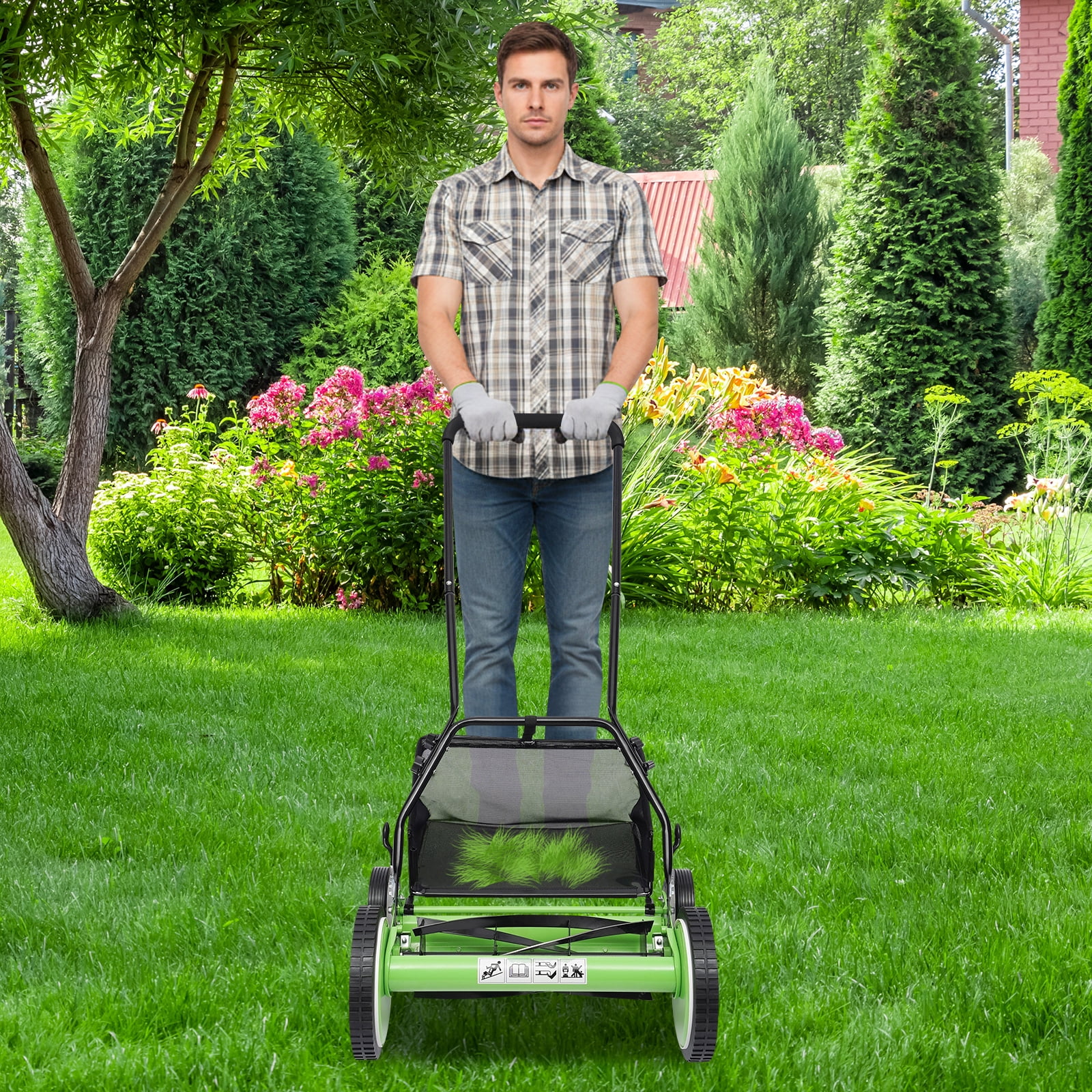 16-Inch 5-Blade Cordless Manual Reel Lawn Mower, Adjustable Cutting/ Handle Height Grass Cutter Green