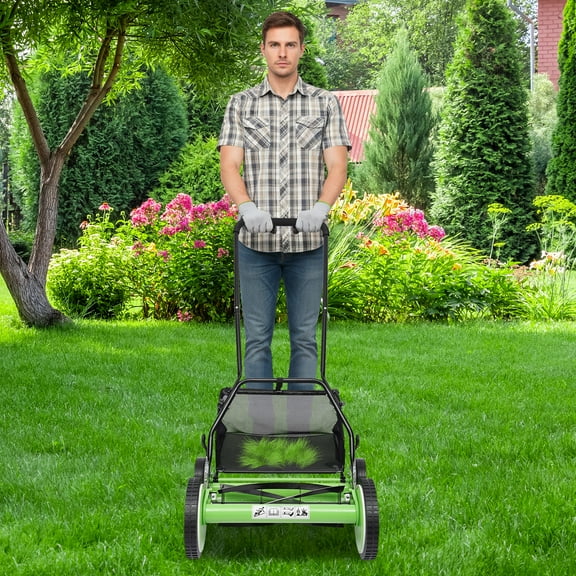 16-Inch 5-Blade Cordless Manual Reel Lawn Mower, Adjustable Cutting/ Handle Height Grass Cutter Green