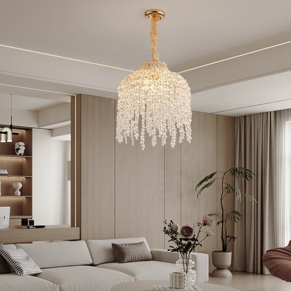 16 Inch 5-Light Crystal Pendant Light Chandelier  Elegant Waterfall Design with Grape-Shaped Crystal Bead Strings and Gold Finish for Living Room, Bedroom, or Dining Area (Bulb Not Included)