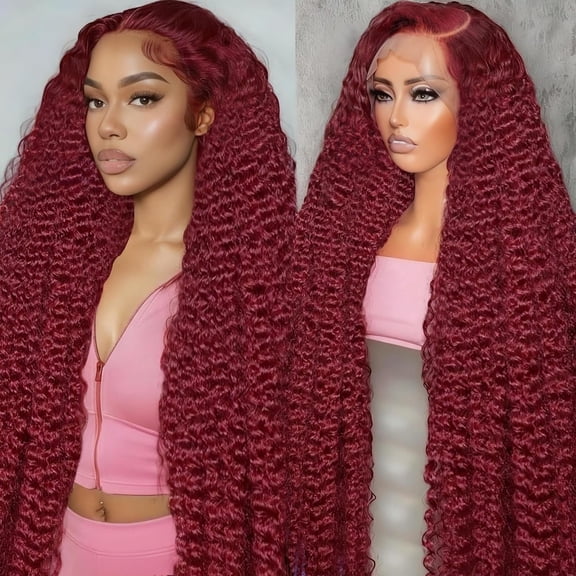 16 Inch 99J Burgundy Lace Front Wigs Human Hair Deep Wave 13x6 HD Lace Front Wigs Pre Plucked with Baby Hair Wet and Wavy Human Hair Wig 200% Density Deep Curly Frontal Wigs for Black Women