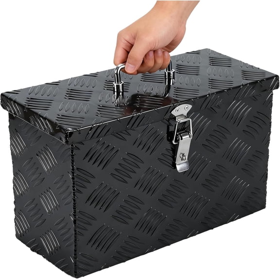 16 Inch Aluminum Truck Bed Tool Box, Stripes Plated Tool Box with Side Handle and Top Handle, Storage Toolbox Chest Organizer for Trailer, Pickup, Truck Bed, RV, 16"x7.5"x10", Black
