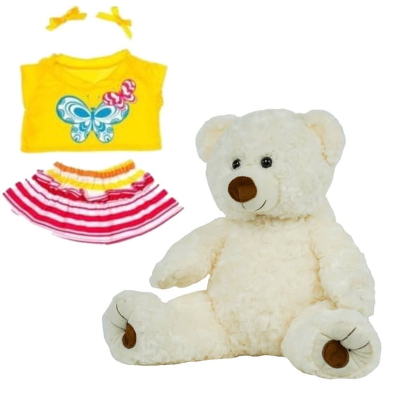 16-Inch Amelia the White Twist Bear Plush Toy in a Vibrant Butterfly-Themed Outfit with Bright Yellow Bow Accents (Eco-Friendly)