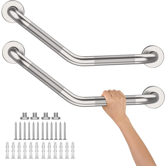 16 Inch Angled Shower Grab Bar, ZUEXT 2 Pack Anti Slip Satin Brushed Nickel Bathroom Grab Bar, Knurled Bathroom Balance Bar,Safety Hand Rail Support Handicap Elderly Injury Senior Assist Bath Handle