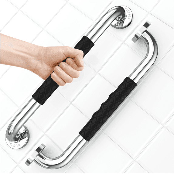 16 Inch Anti Slip Shower Grab Bar Handle, 2 Pack Safety Hand Rail Support,Chrome Stainless Steel Bathroom Grab Bar, Knurled Bathroom Balance Bar,Handicap Elderly Injury Senior Assist Bath Handle
