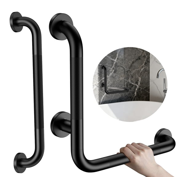 16 Inch Angled Grab Bar, ZUEXT Anti Slip L-Shaped Shower Grab Bar w/ 16 Inch Straight Bathroom Balance Bar, Knurled Stainless Steel Safety Handle for Seniors Elderly Injury Handicap, Matte Black